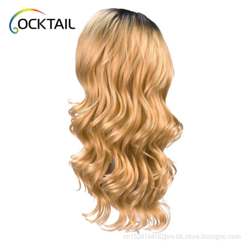 high temperature fiber wavy factory wholesale light brown ombre color synthetic lace front wig